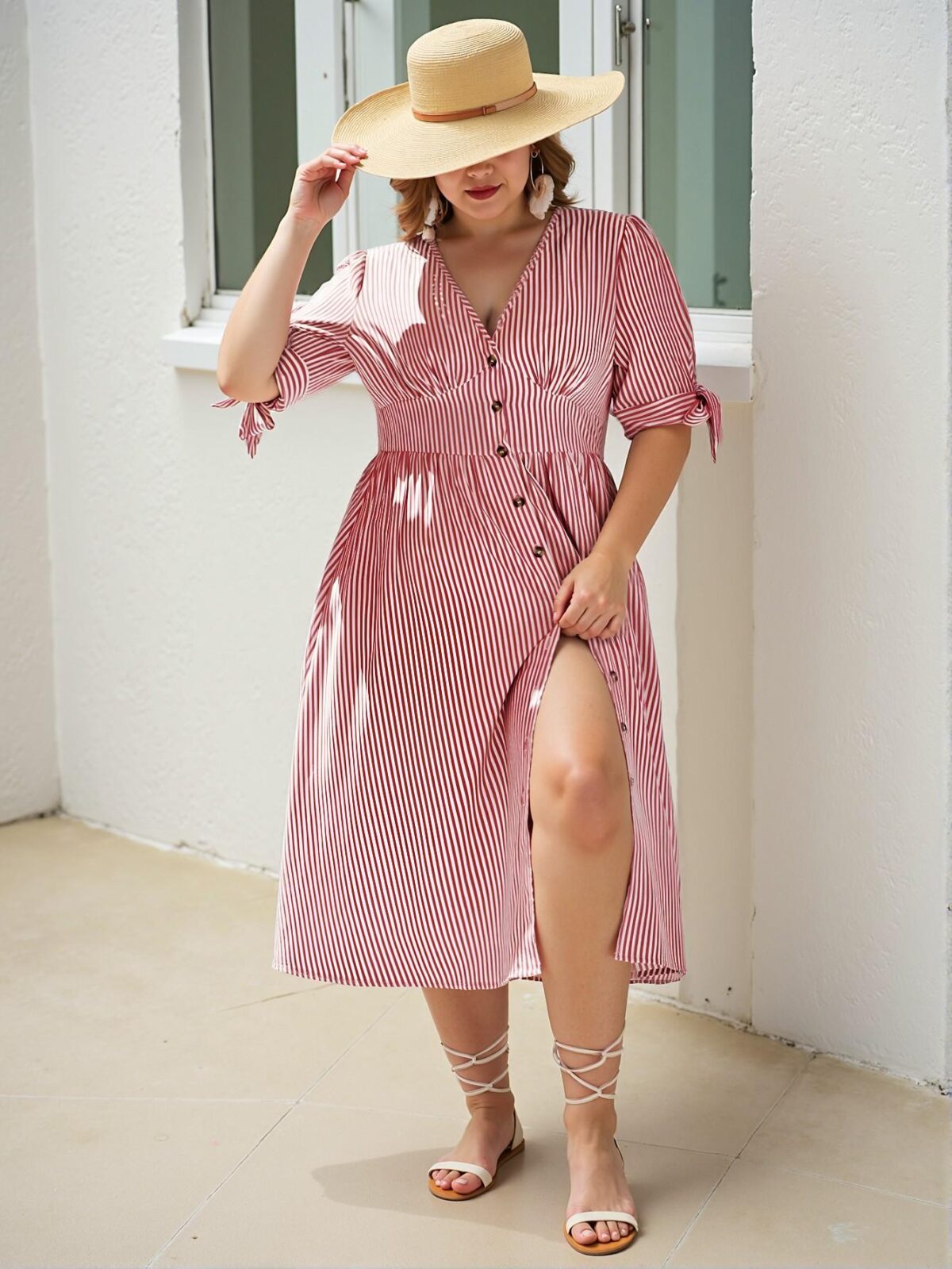 Elegant "Burgundy" "Alluring Plus Size Nautical Beach Maxi Dress Featuring Chic Button Decor and Striped Design for Spring and Summer" "Chic, Classy and Trendy Fashion Style to Dress to Impress" - Image 5