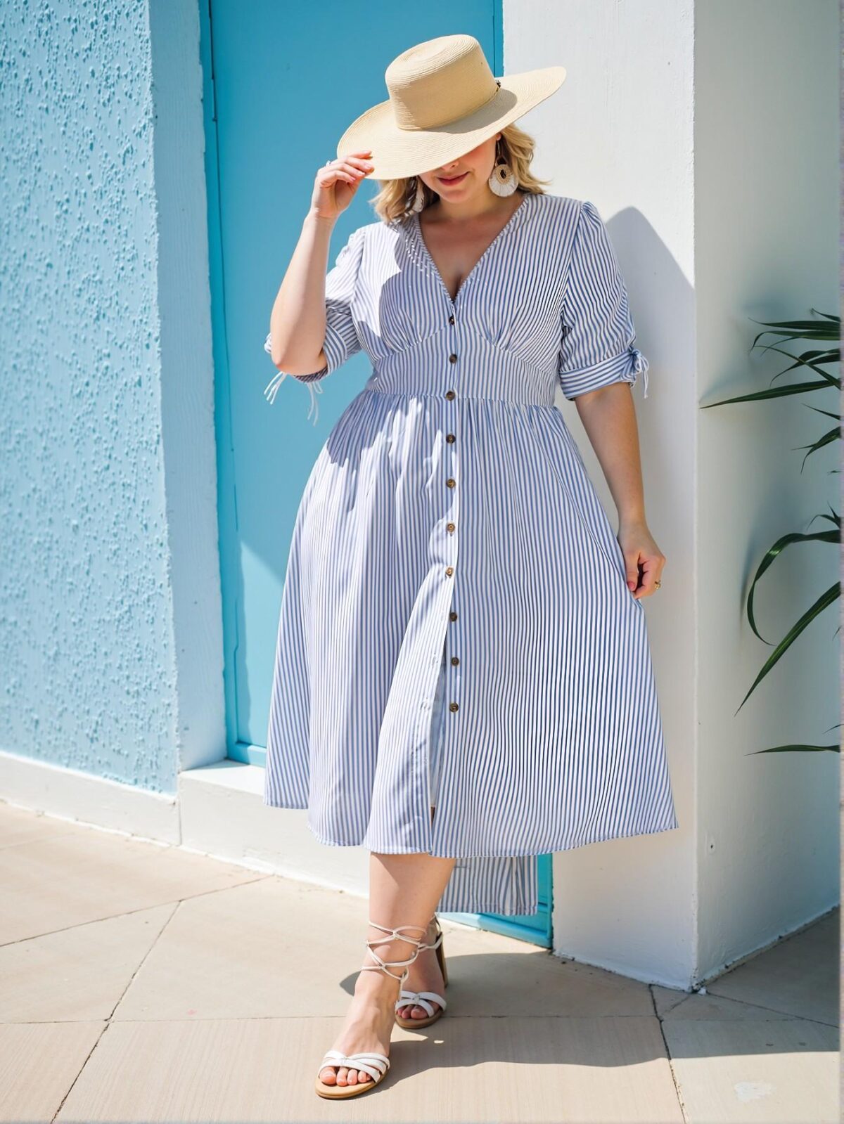 Elegant Blue and White Striped Boho Midi Dress with Button Front for Summer Beach Getaways - Chic, Classy, and Trendy Fashion Style to Dress to Impress