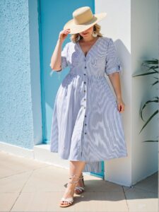 Elegant Blue and White Striped Boho Midi Dress with Button Front for Summer Beach Getaways - Chic, Classy, and Trendy Fashion Style to Dress to Impress