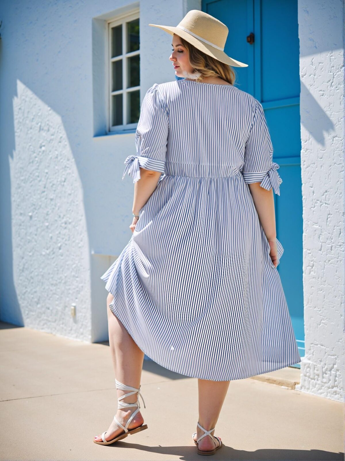 Elegant Blue and White Striped Boho Midi Dress with Button Front for Summer Beach Getaways - Chic, Classy, and Trendy Fashion Style to Dress to Impress - Image 2