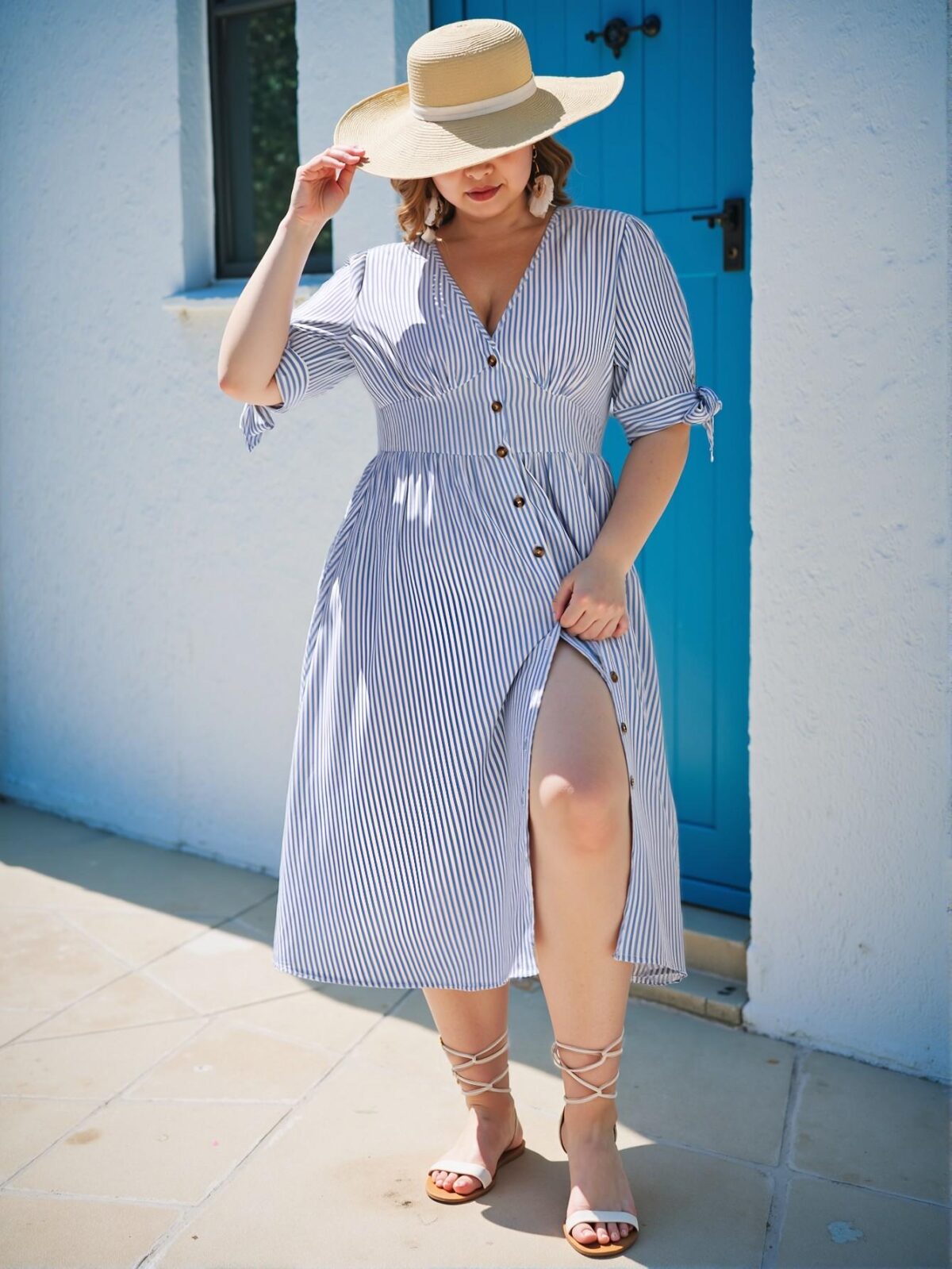 Elegant Blue and White Striped Boho Midi Dress with Button Front for Summer Beach Getaways - Chic, Classy, and Trendy Fashion Style to Dress to Impress - Image 5