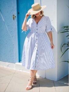 Elegant Blue and White Striped Nautical Maxi Dress with Button Details, Perfect for Spring and Summer Celebrations - Chic, Classy and Trendy Fashion Style to Dress to Impress