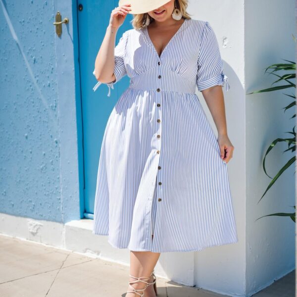 Elegant Blue and White Striped Nautical Maxi Dress with Button Details, Perfect for Spring and Summer Celebrations - Chic, Classy and Trendy Fashion Style to Dress to Impress