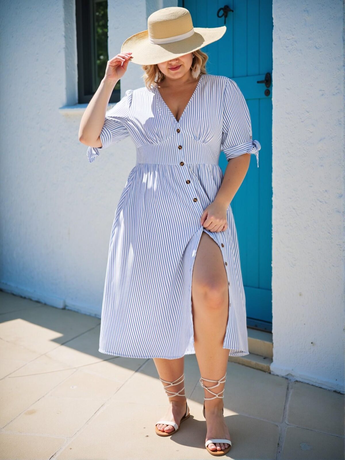 Elegant Blue and White Striped Nautical Maxi Dress with Button Details, Perfect for Spring and Summer Celebrations - Chic, Classy and Trendy Fashion Style to Dress to Impress - Image 5
