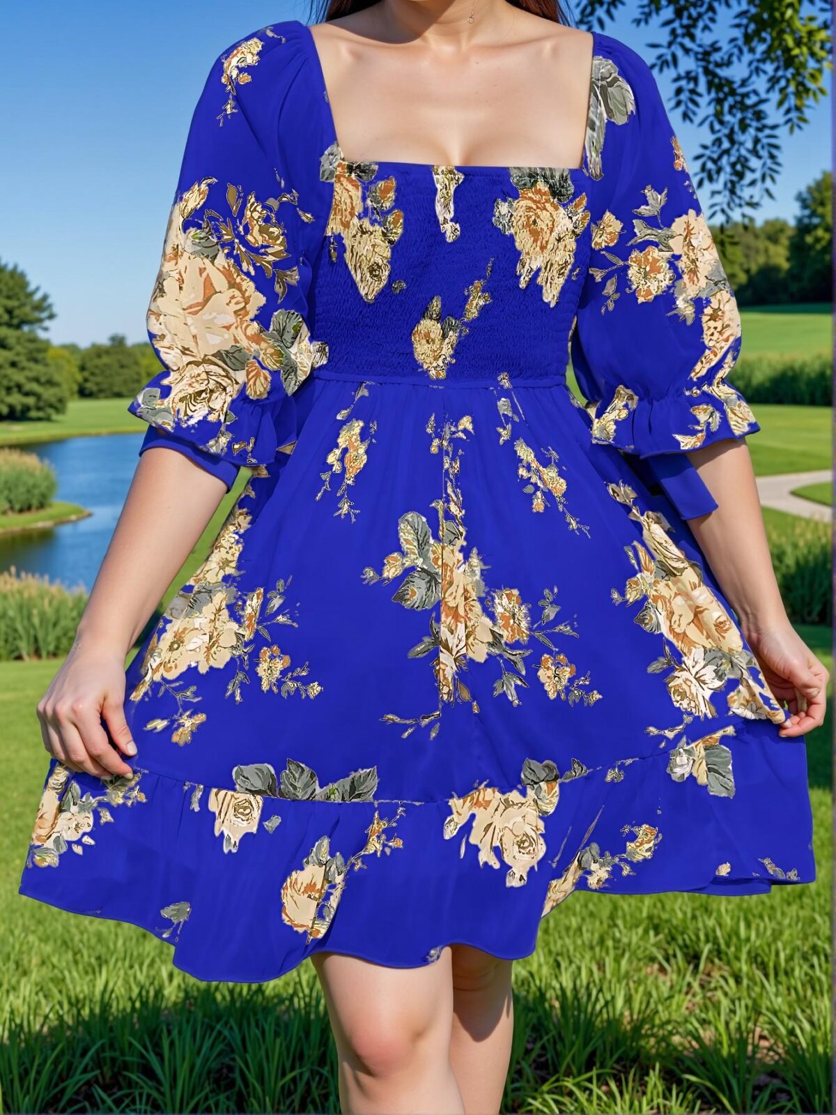 Elegant Navy Blue Flounce Sleeve A-Line Dress with Floral Print for Spring and Summer Vacations - Chic, Classy and Trendy Fashion Style to Dress to Impress