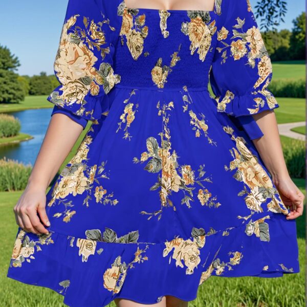 Elegant Navy Blue Flounce Sleeve A-Line Dress with Floral Print for Spring and Summer Vacations - Chic, Classy and Trendy Fashion Style to Dress to Impress