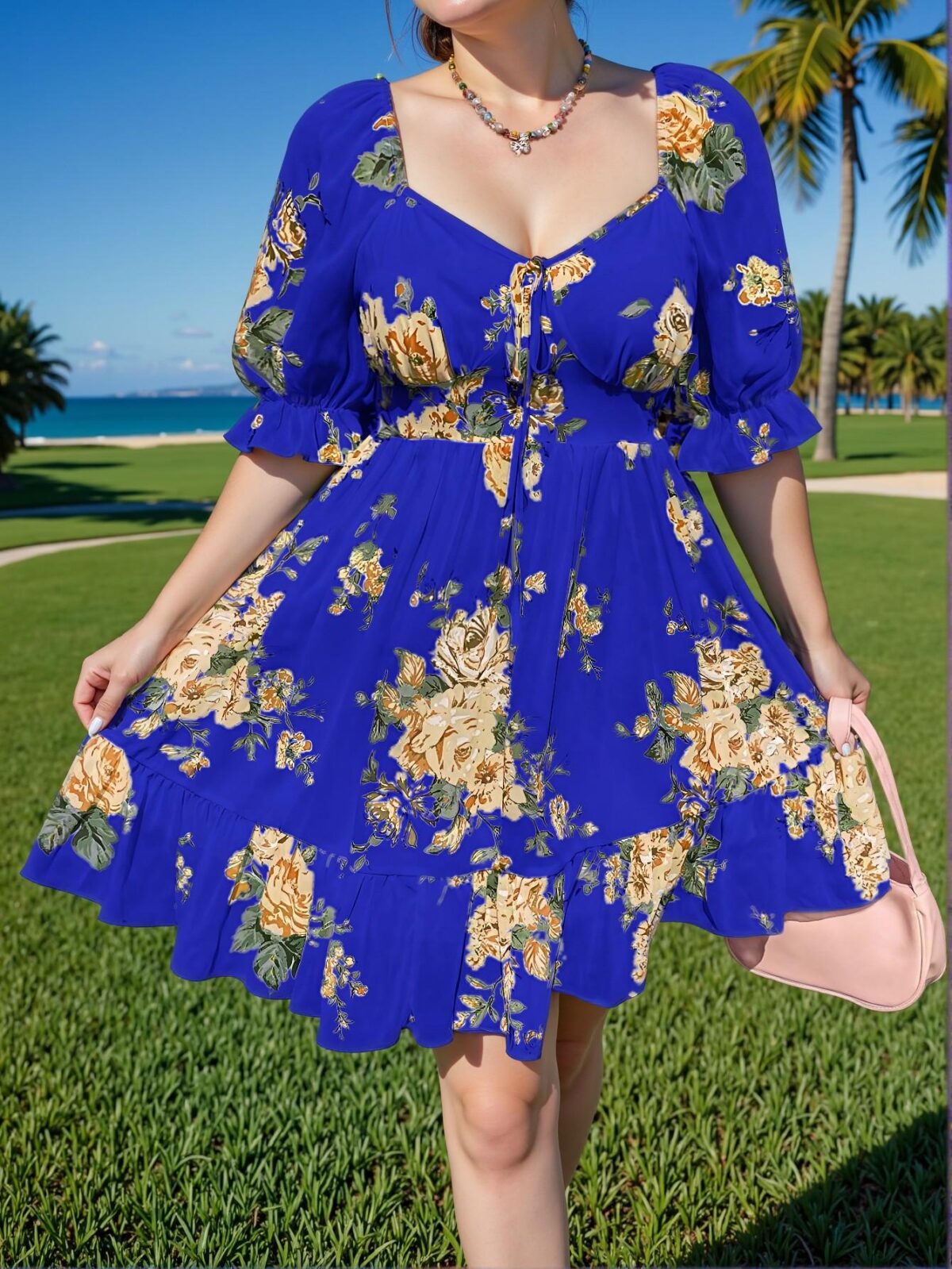 Elegant Navy Blue Flounce Sleeve A-Line Dress with Floral Print for Spring and Summer Vacations - Chic, Classy and Trendy Fashion Style to Dress to Impress - Image 2
