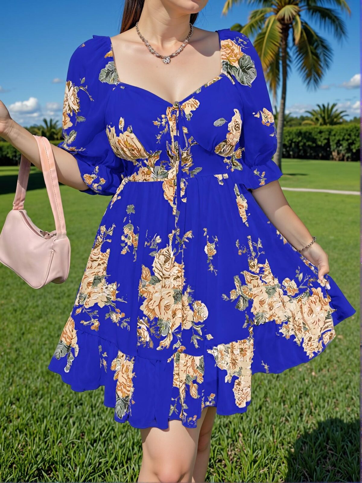 Elegant Navy Blue Flounce Sleeve A-Line Dress with Floral Print for Spring and Summer Vacations - Chic, Classy and Trendy Fashion Style to Dress to Impress - Image 3