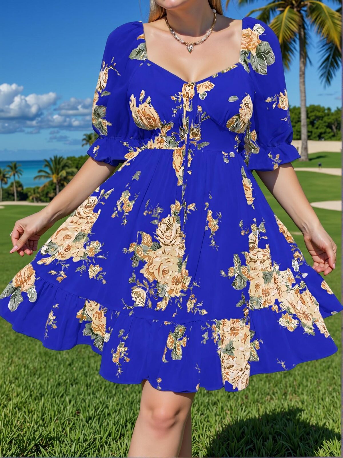 Elegant Navy Blue Flounce Sleeve A-Line Dress with Floral Print for Spring and Summer Vacations - Chic, Classy and Trendy Fashion Style to Dress to Impress - Image 4