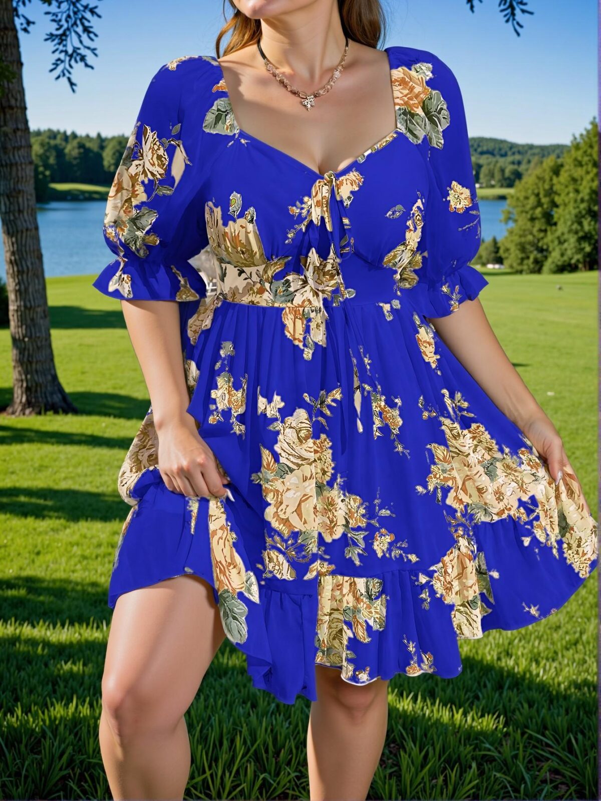 Elegant Navy Blue Flounce Sleeve A-Line Dress with Floral Print for Spring and Summer Vacations - Chic, Classy and Trendy Fashion Style to Dress to Impress - Image 5