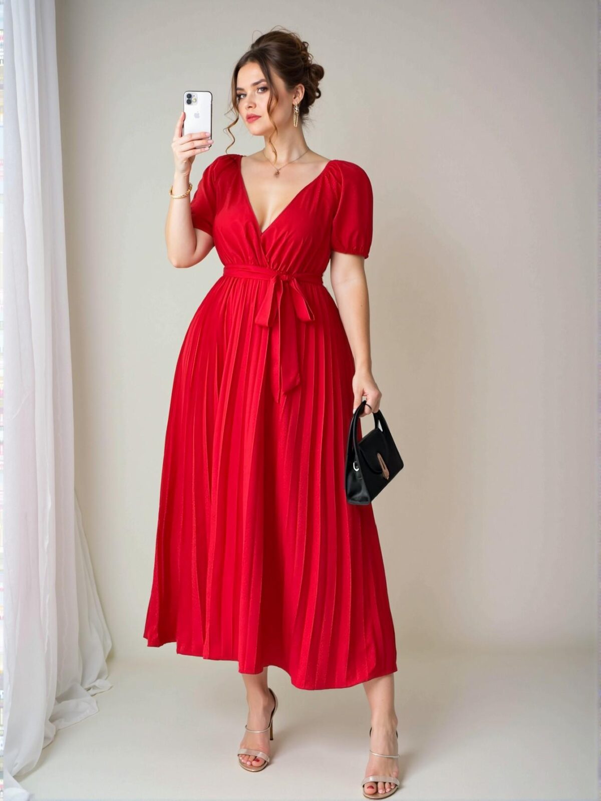 Elegant Red Pleated Waist Flared Dress with V-Neck for Spring and Summer - Chic, Classy and Trendy Fashion Style to Dress to Impress