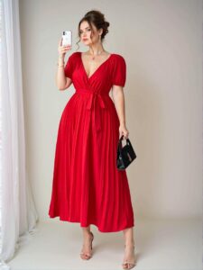 Elegant Red Pleated Waist Flared Dress with V-Neck for Spring and Summer - Chic, Classy and Trendy Fashion Style to Dress to Impress