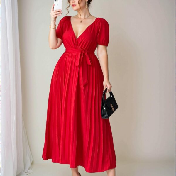 Elegant Red Pleated Waist Flared Dress with V-Neck for Spring and Summer - Chic, Classy and Trendy Fashion Style to Dress to Impress