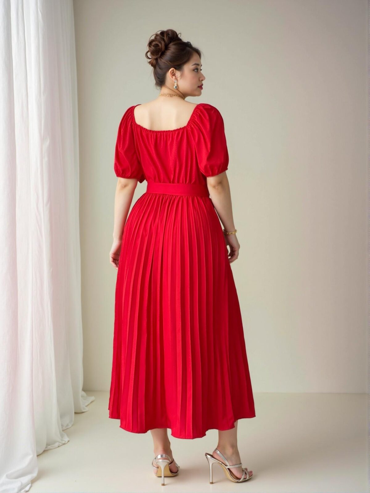 Elegant Red Pleated Waist Flared Dress with V-Neck for Spring and Summer - Chic, Classy and Trendy Fashion Style to Dress to Impress - Image 2