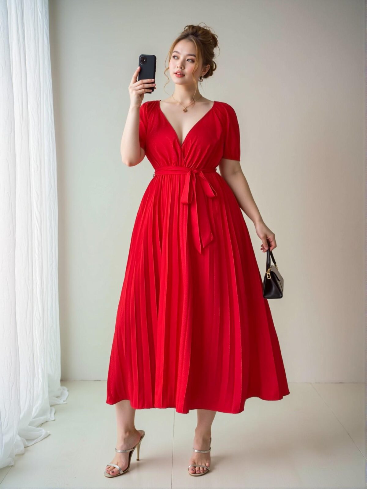 Elegant Red Pleated Waist Flared Dress with V-Neck for Spring and Summer - Chic, Classy and Trendy Fashion Style to Dress to Impress - Image 3