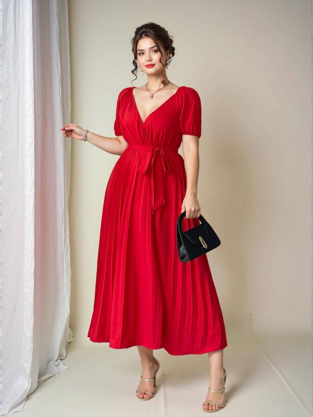 Elegant Red Pleated Waist Flared Dress with V-Neck for Spring and Summer - Chic, Classy and Trendy Fashion Style to Dress to Impress - Image 4