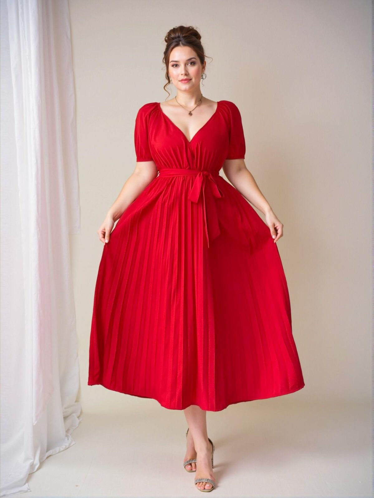 Elegant Red Pleated Waist Flared Dress with V-Neck for Spring and Summer - Chic, Classy and Trendy Fashion Style to Dress to Impress - Image 5