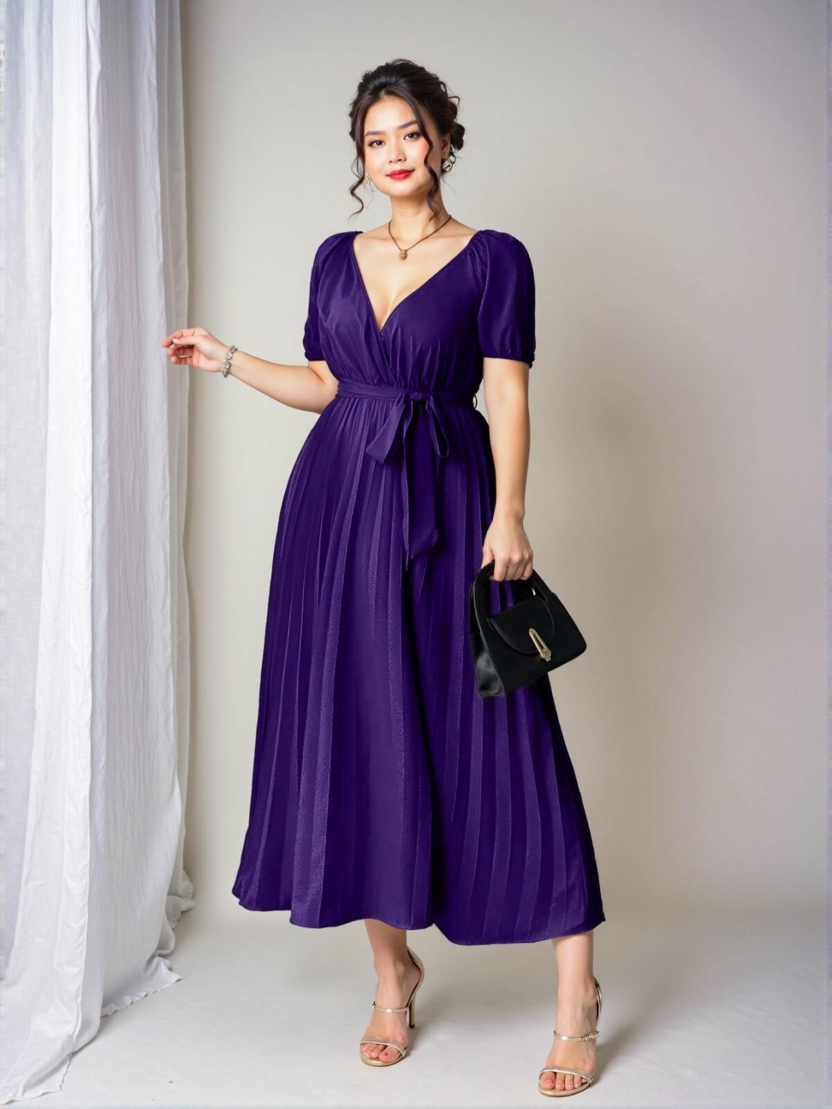 Elegant Purple Ruched Waist Flowy A-Line Dress for Plus Size Women - Perfect for Casual Business or Birthday Celebrations "Chic, Classy and Trendy Fashion Style to Dress to Impress" - Image 3