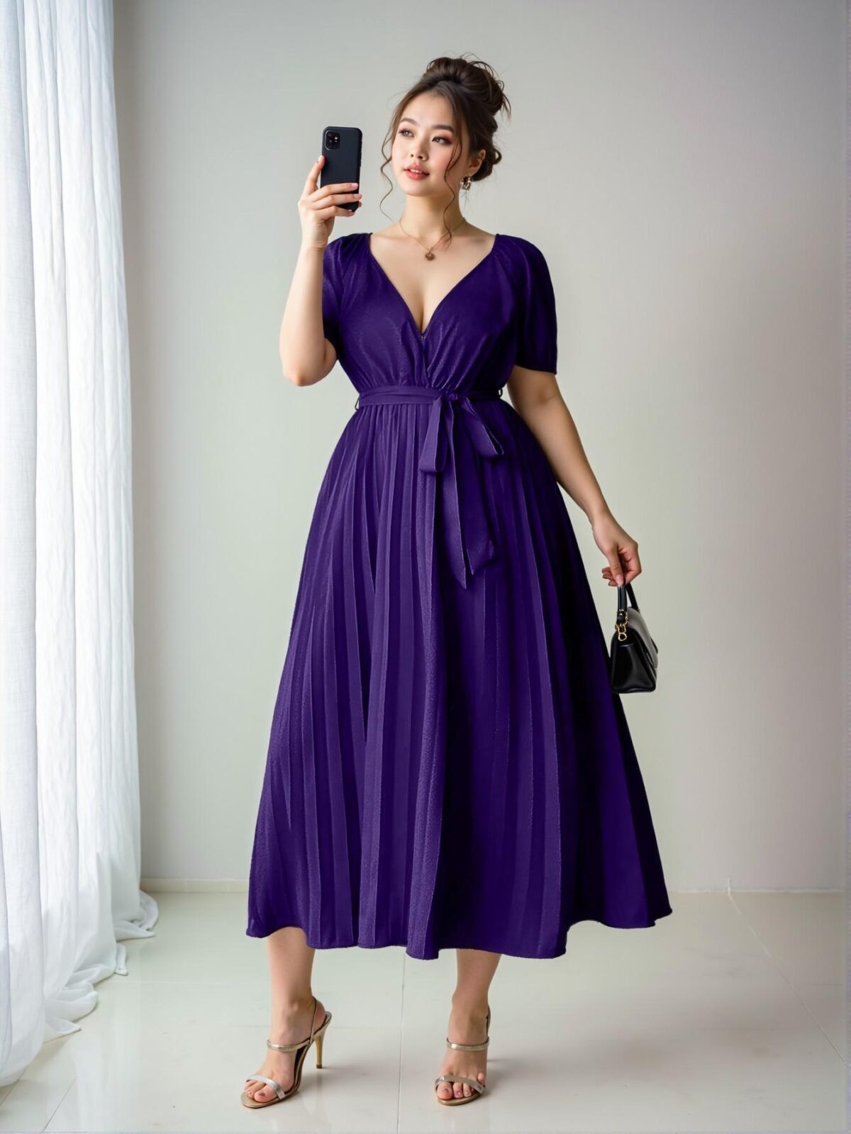 Elegant Purple Ruched Waist Flowy A-Line Dress for Plus Size Women - Perfect for Casual Business or Birthday Celebrations "Chic, Classy and Trendy Fashion Style to Dress to Impress" - Image 4