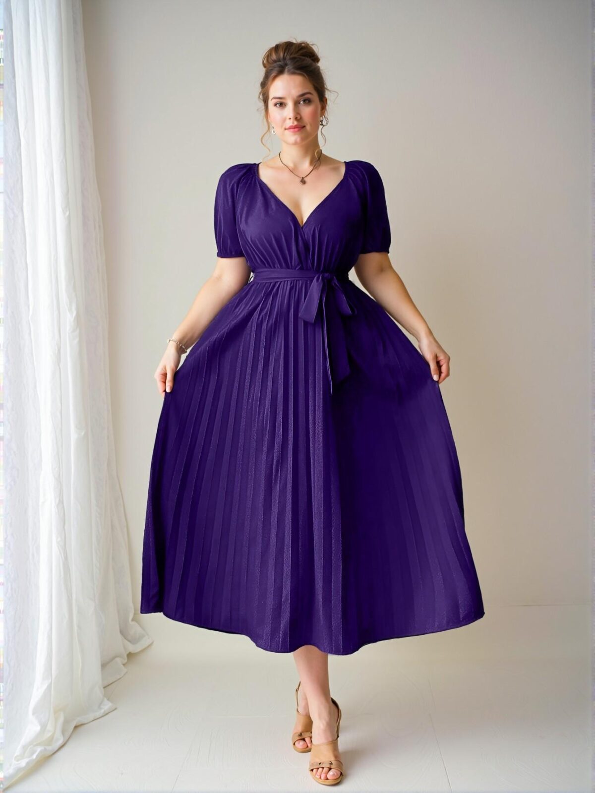 Elegant Purple Ruched Waist Flowy A-Line Dress for Plus Size Women - Perfect for Casual Business or Birthday Celebrations "Chic, Classy and Trendy Fashion Style to Dress to Impress" - Image 5