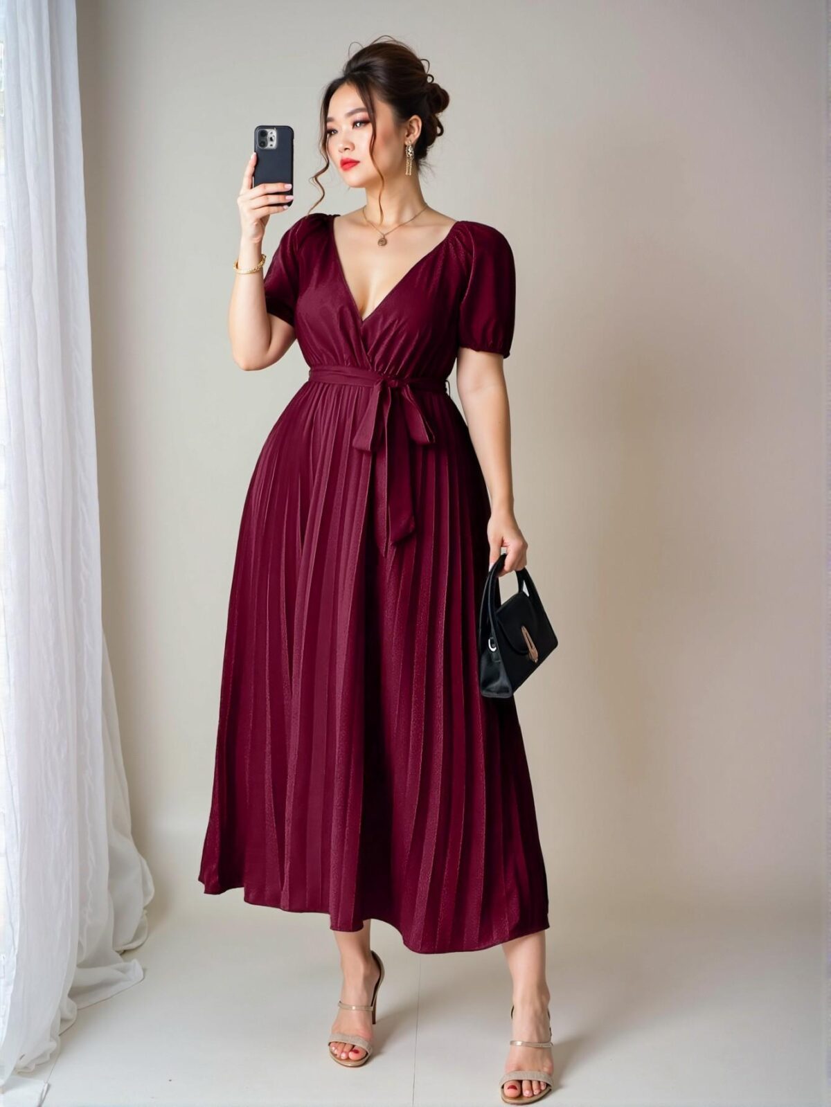 Elegant Burgundy Plus Size Solid Deep V-Neck Ruched Crossover Wrap Short Sleeve Dress for Women - Perfect Birthday and Spring/Summer Outfit "Chic, Classy and Trendy Fashion Style to Dress to Impress"