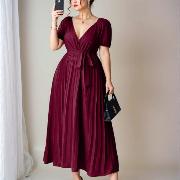 Elegant Burgundy Plus Size Solid Deep V-Neck Ruched Crossover Wrap Short Sleeve Dress for Women - Perfect Birthday and Spring/Summer Outfit "Chic, Classy and Trendy Fashion Style to Dress to Impress"