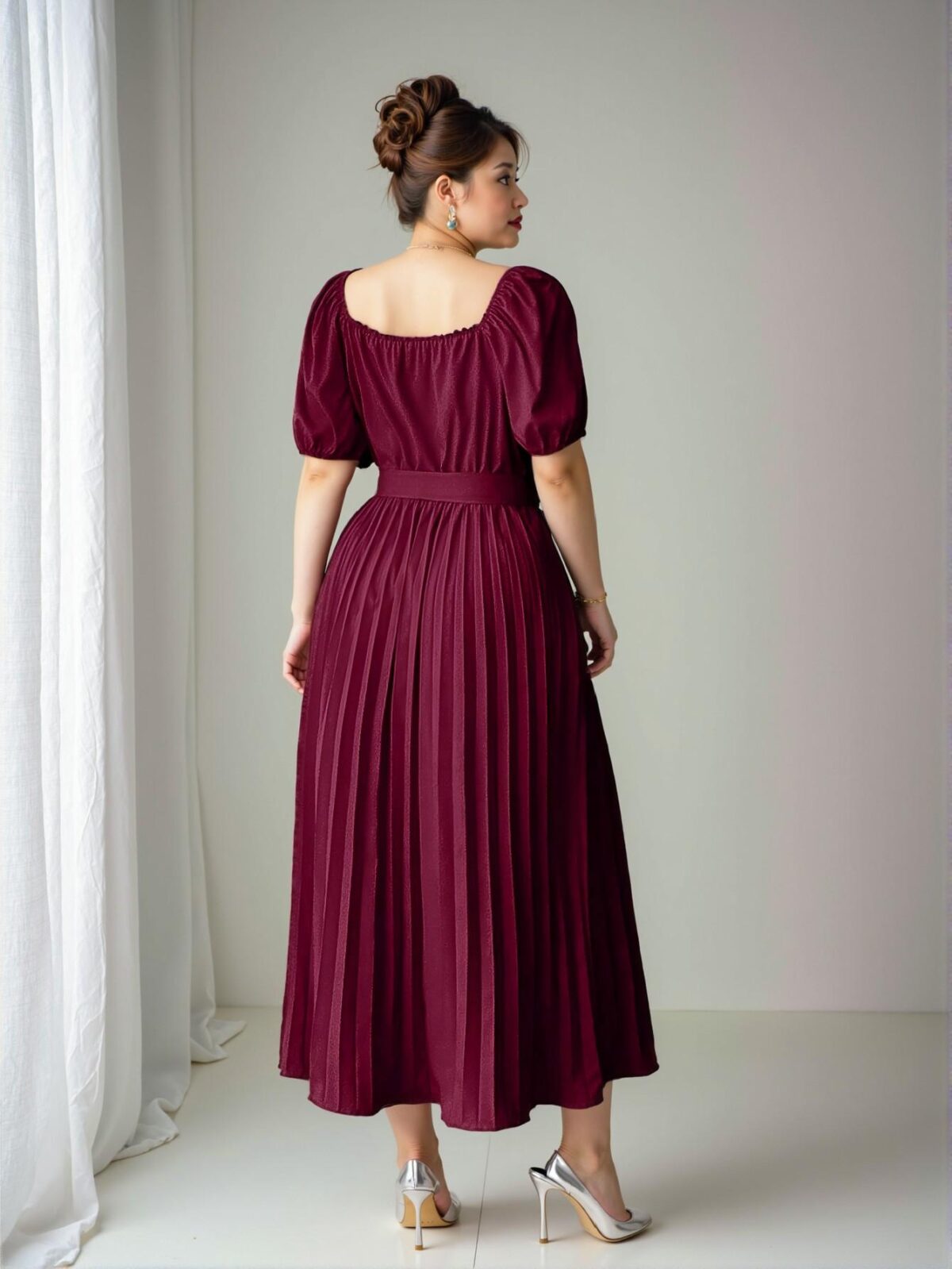 Elegant Burgundy Plus Size Solid Deep V-Neck Ruched Crossover Wrap Short Sleeve Dress for Women - Perfect Birthday and Spring/Summer Outfit "Chic, Classy and Trendy Fashion Style to Dress to Impress" - Image 2