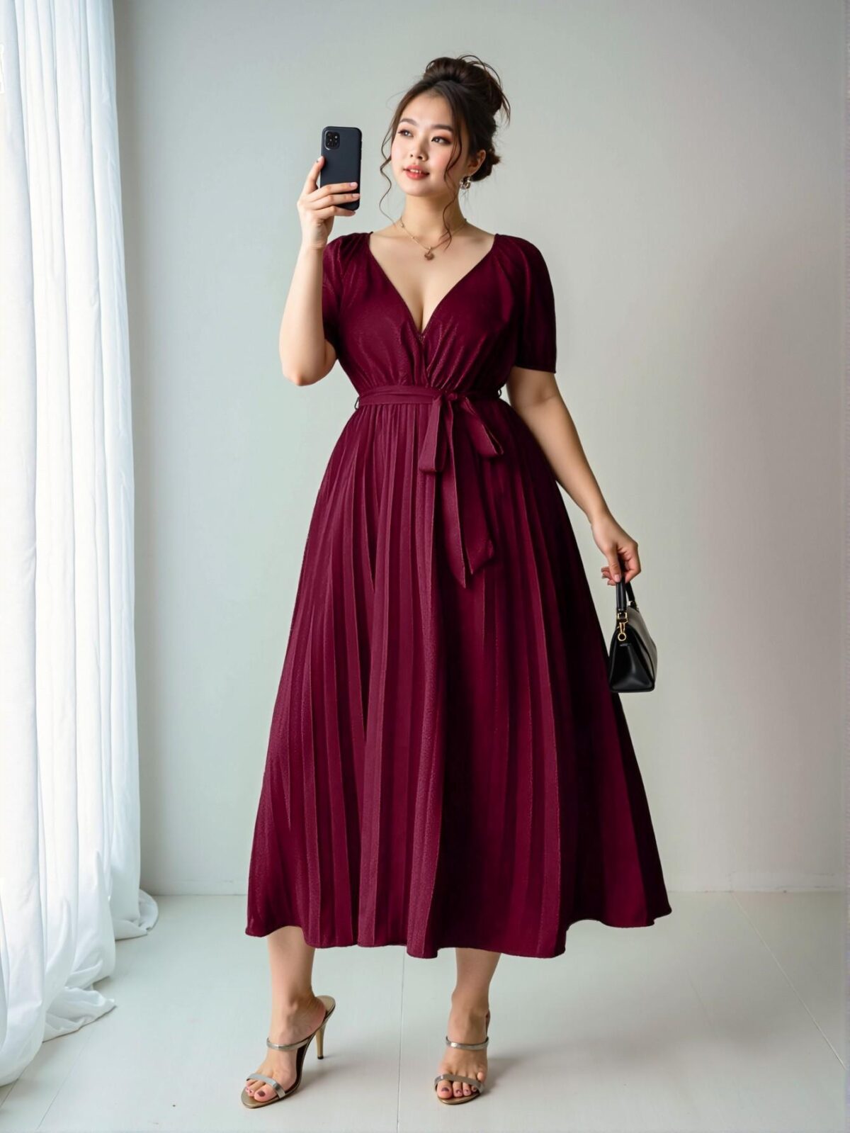 Elegant Burgundy Plus Size Solid Deep V-Neck Ruched Crossover Wrap Short Sleeve Dress for Women - Perfect Birthday and Spring/Summer Outfit "Chic, Classy and Trendy Fashion Style to Dress to Impress" - Image 3