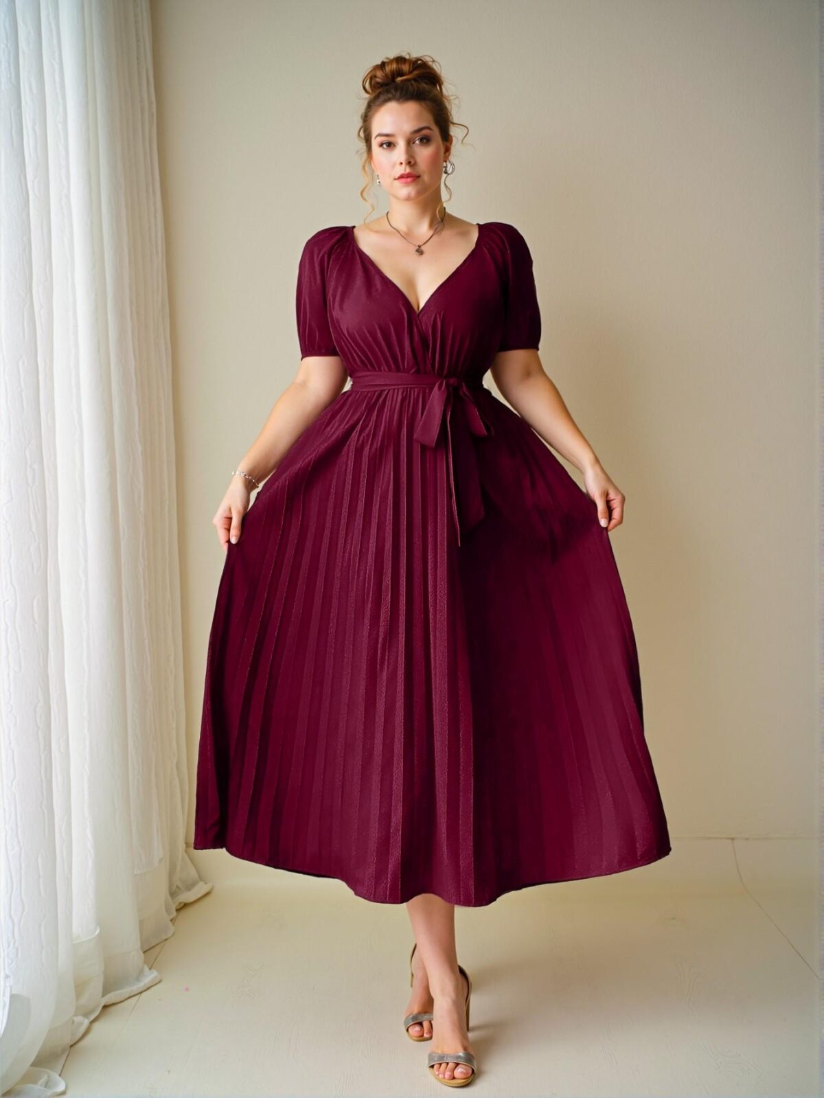 Elegant Burgundy Plus Size Solid Deep V-Neck Ruched Crossover Wrap Short Sleeve Dress for Women - Perfect Birthday and Spring/Summer Outfit "Chic, Classy and Trendy Fashion Style to Dress to Impress" - Image 4
