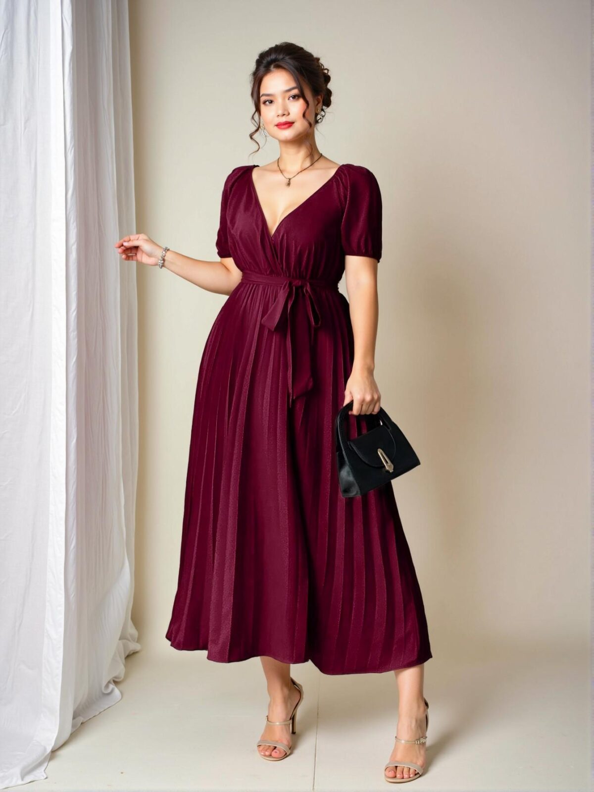 Elegant Burgundy Plus Size Solid Deep V-Neck Ruched Crossover Wrap Short Sleeve Dress for Women - Perfect Birthday and Spring/Summer Outfit "Chic, Classy and Trendy Fashion Style to Dress to Impress" - Image 5