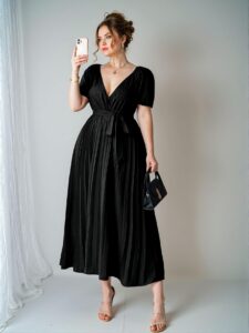 Elegant Black Plus Size V-Neck Draped Skirt Dress with Gathering Waist for Casual and Birthday Occasions - Chic, Classy and Trendy Fashion Style to Dress to Impress