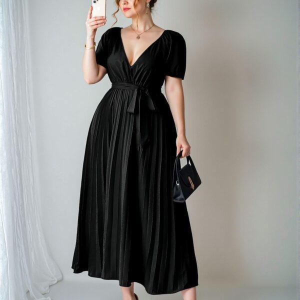 Elegant Black Plus Size V-Neck Draped Skirt Dress with Gathering Waist for Casual and Birthday Occasions - Chic, Classy and Trendy Fashion Style to Dress to Impress