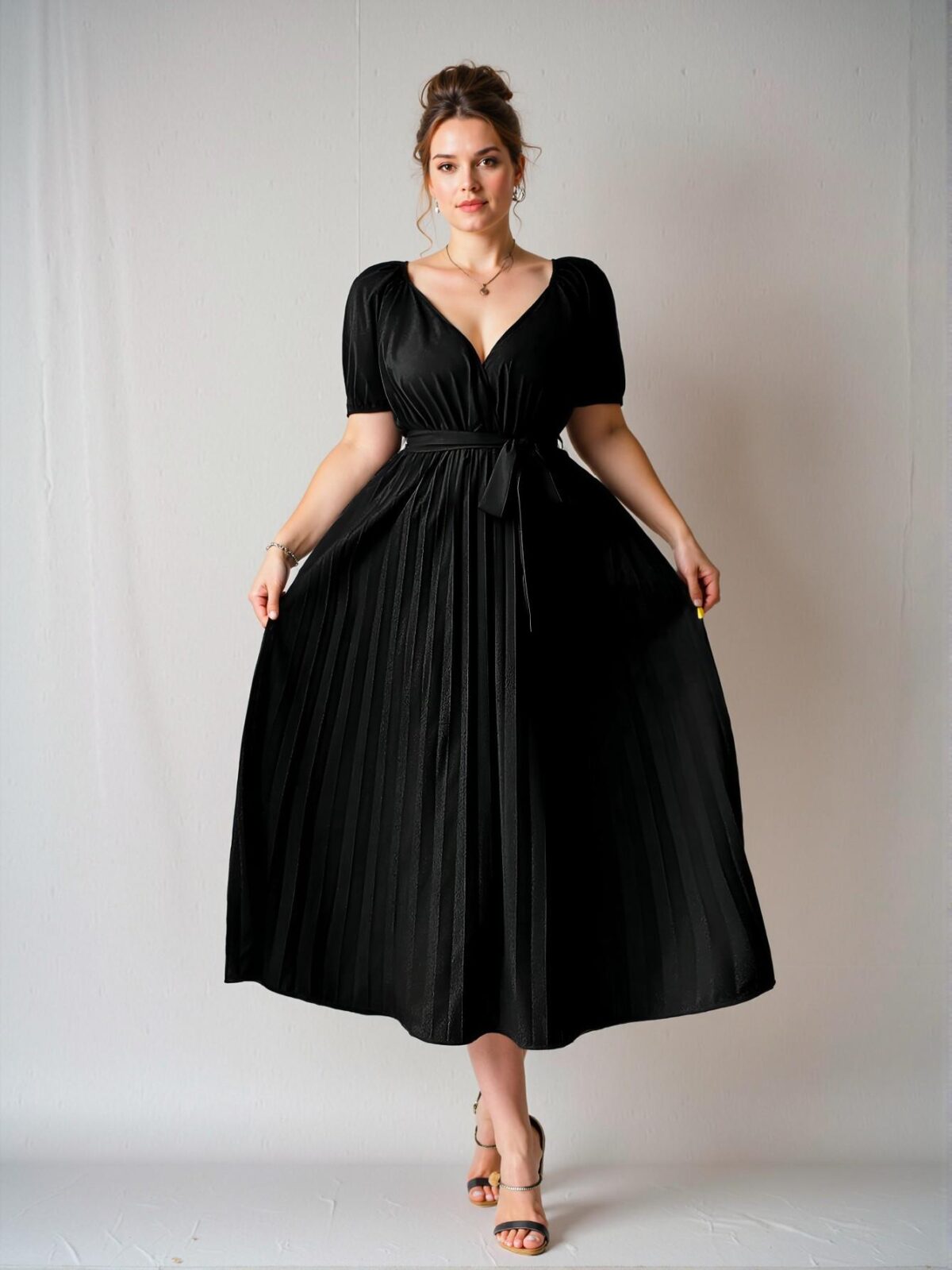 Elegant Black Plus Size V-Neck Draped Skirt Dress with Gathering Waist for Casual and Birthday Occasions - Chic, Classy and Trendy Fashion Style to Dress to Impress - Image 3