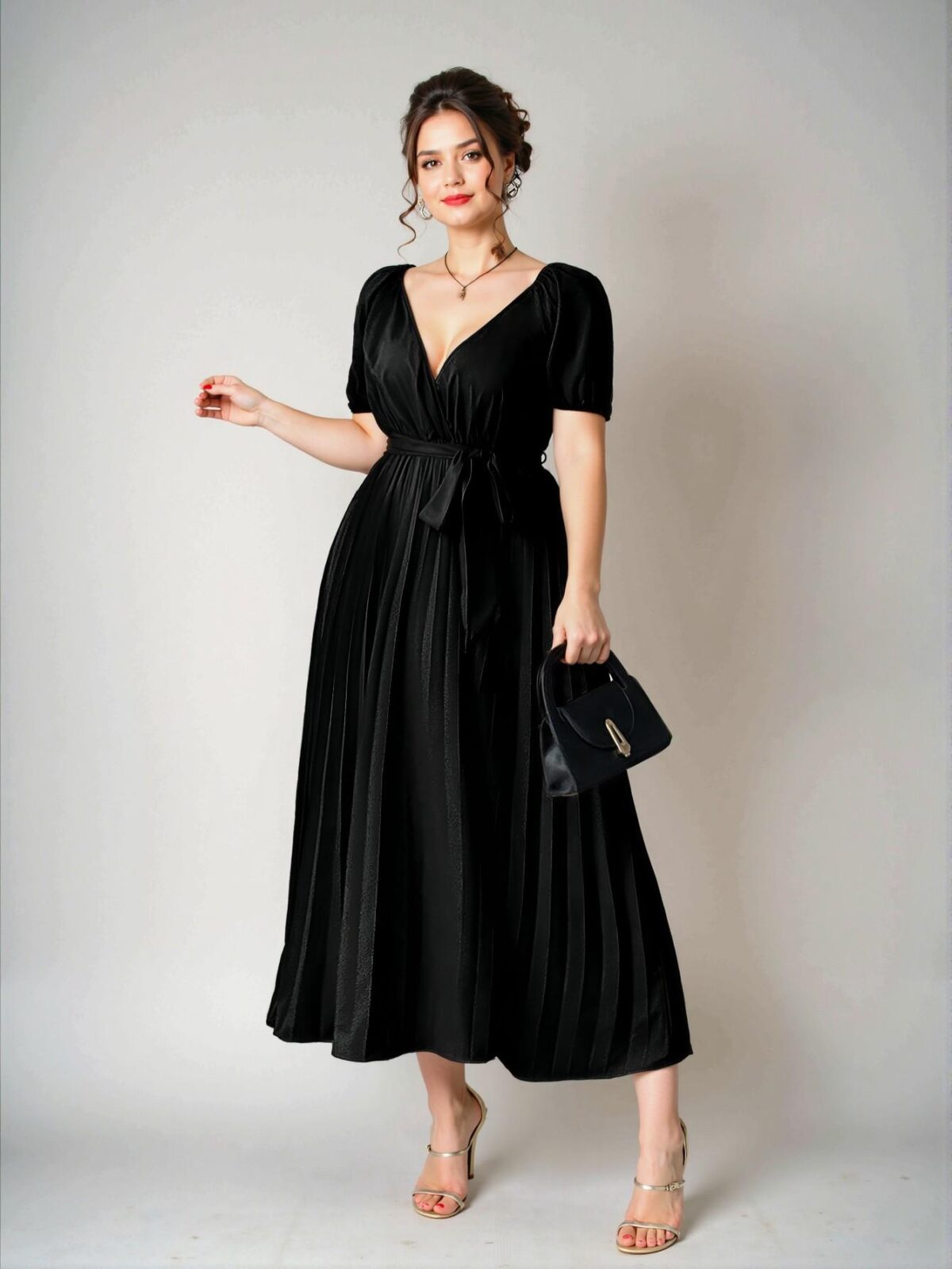 Elegant Black Plus Size V-Neck Draped Skirt Dress with Gathering Waist for Casual and Birthday Occasions - Chic, Classy and Trendy Fashion Style to Dress to Impress - Image 4