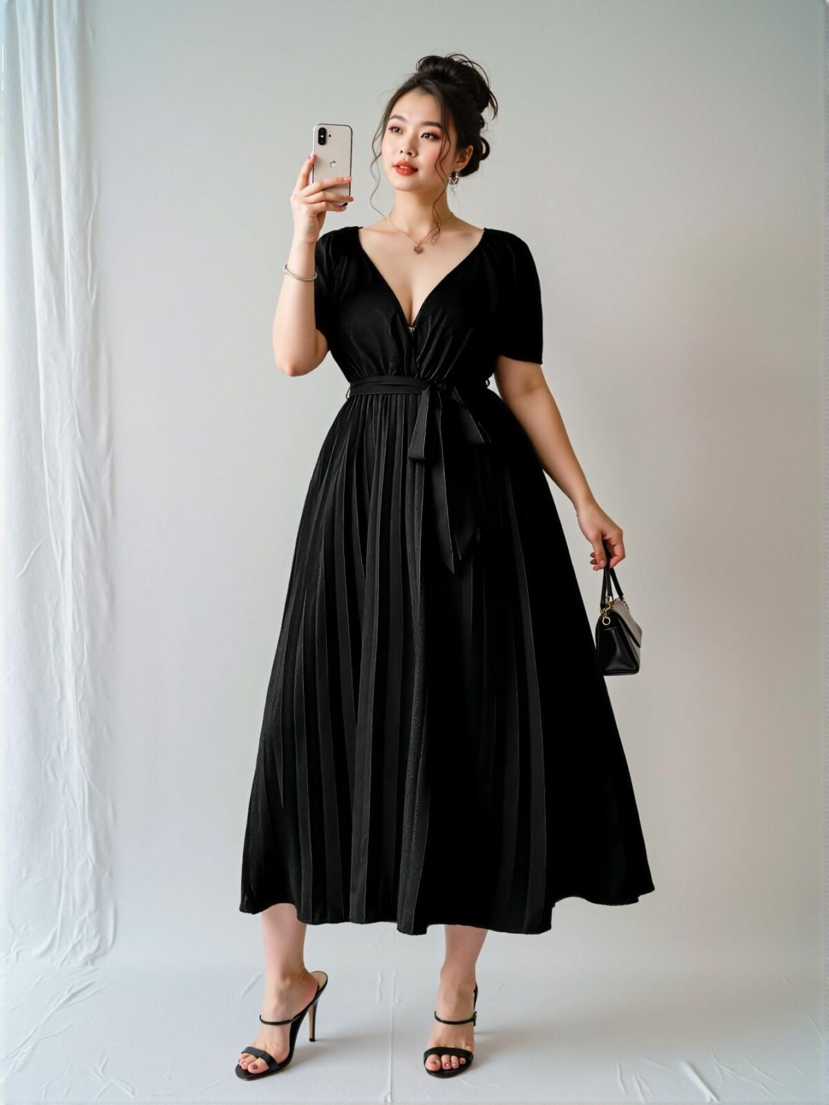 Elegant Black Plus Size V-Neck Draped Skirt Dress with Gathering Waist for Casual and Birthday Occasions - Chic, Classy and Trendy Fashion Style to Dress to Impress - Image 5