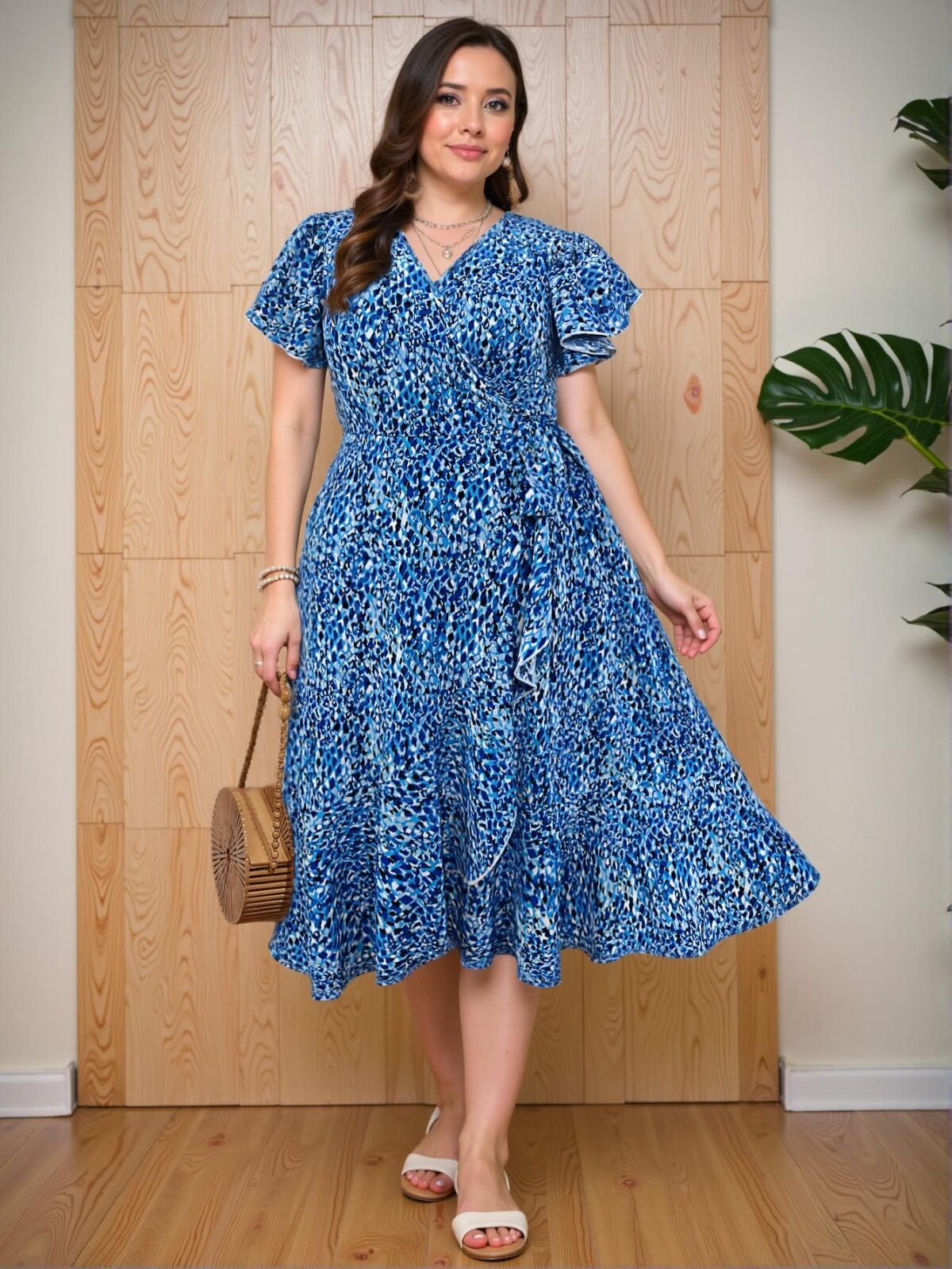 Elegant Blue Floral Wrap-Around Midi Dress with Ruffled Hem for Spring and Summer - Chic, Classy and Trendy Fashion Style to Dress to Impress