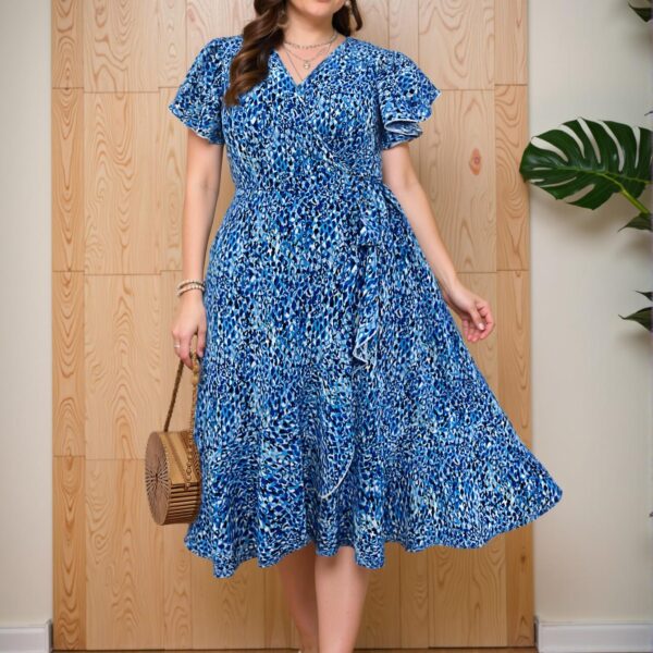 Elegant Blue Floral Wrap-Around Midi Dress with Ruffled Hem for Spring and Summer - Chic, Classy and Trendy Fashion Style to Dress to Impress