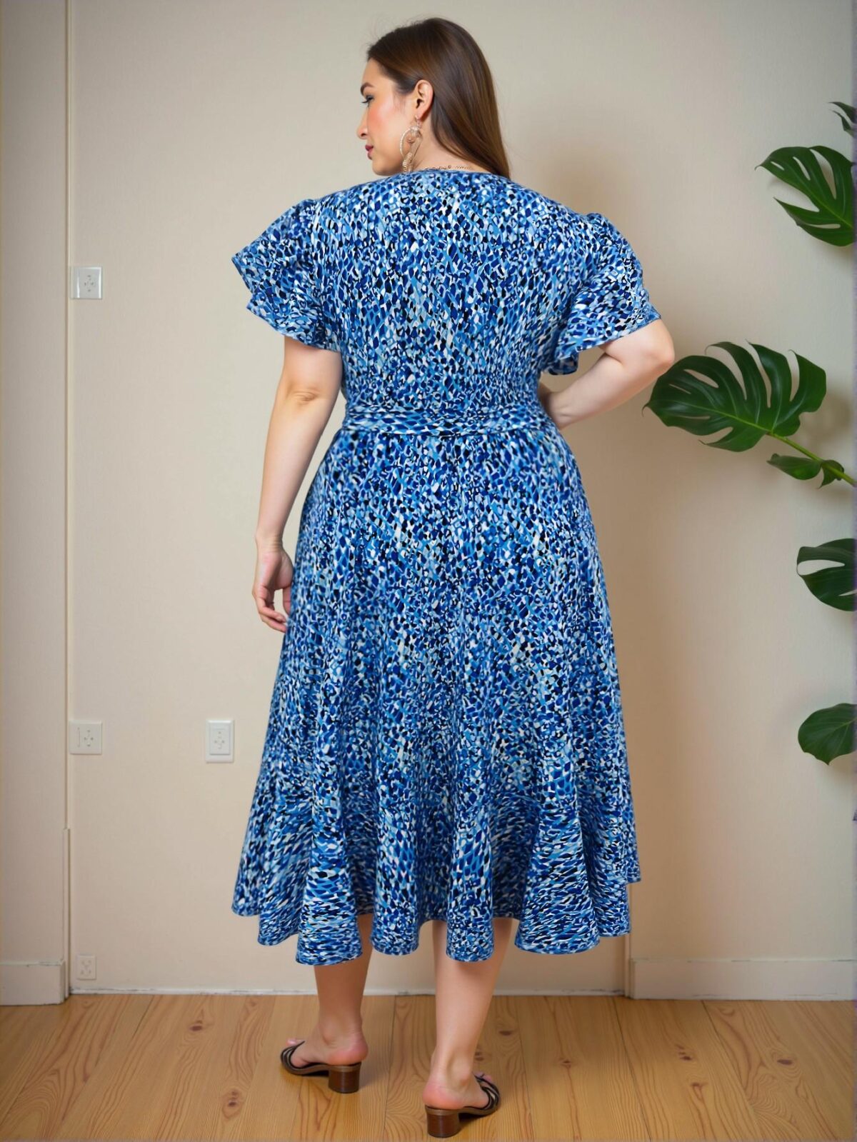 Elegant Blue Floral Wrap-Around Midi Dress with Ruffled Hem for Spring and Summer - Chic, Classy and Trendy Fashion Style to Dress to Impress - Image 2