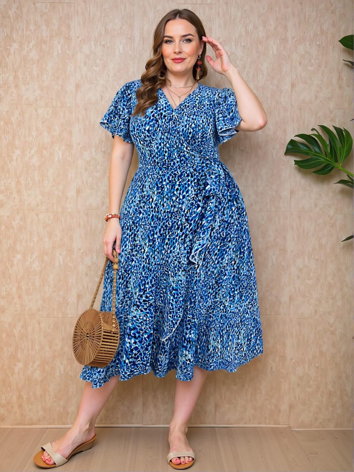 Elegant Blue Floral Wrap-Around Midi Dress with Ruffled Hem for Spring and Summer - Chic, Classy and Trendy Fashion Style to Dress to Impress - Image 4