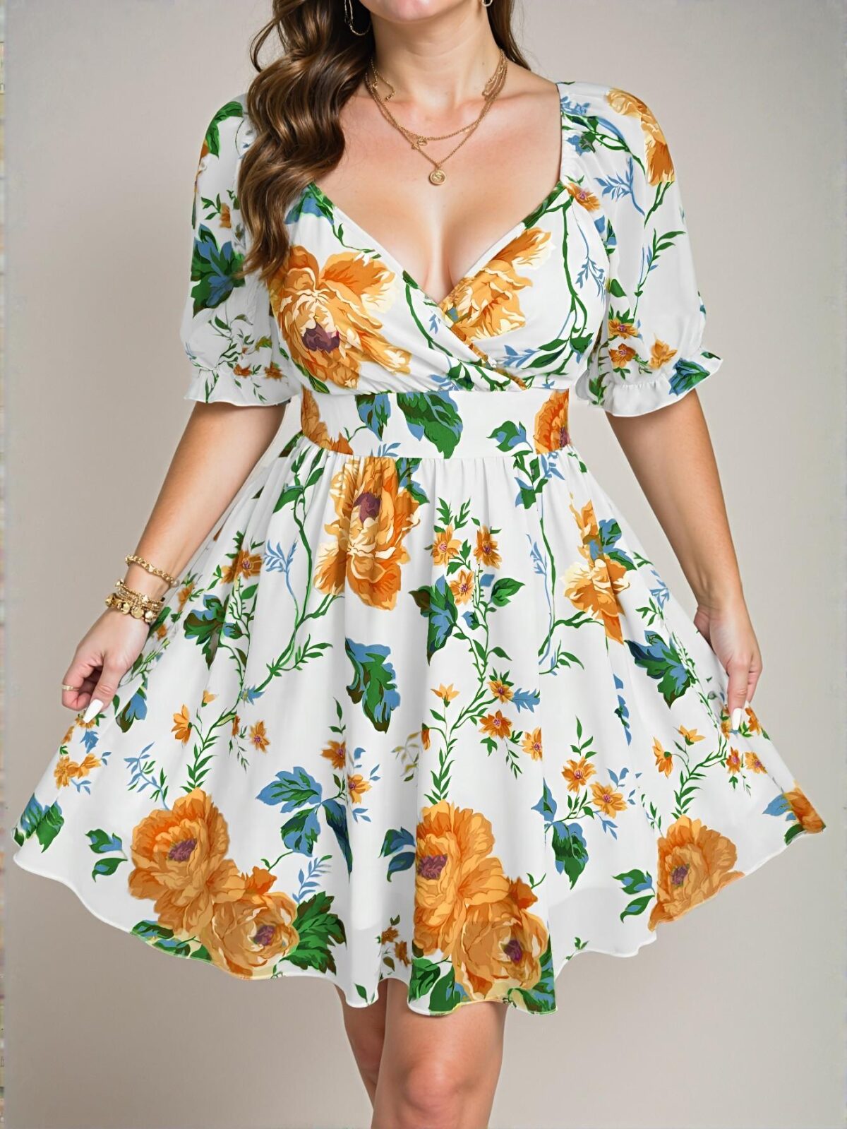 Elegant Apricot Vintage Floral Print Chiffon A-Line Casual Shirt with Square and V-Neck Design for Spring/Summer - Chic, Classy and Trendy Fashion Style to Dress to Impress - Image 4
