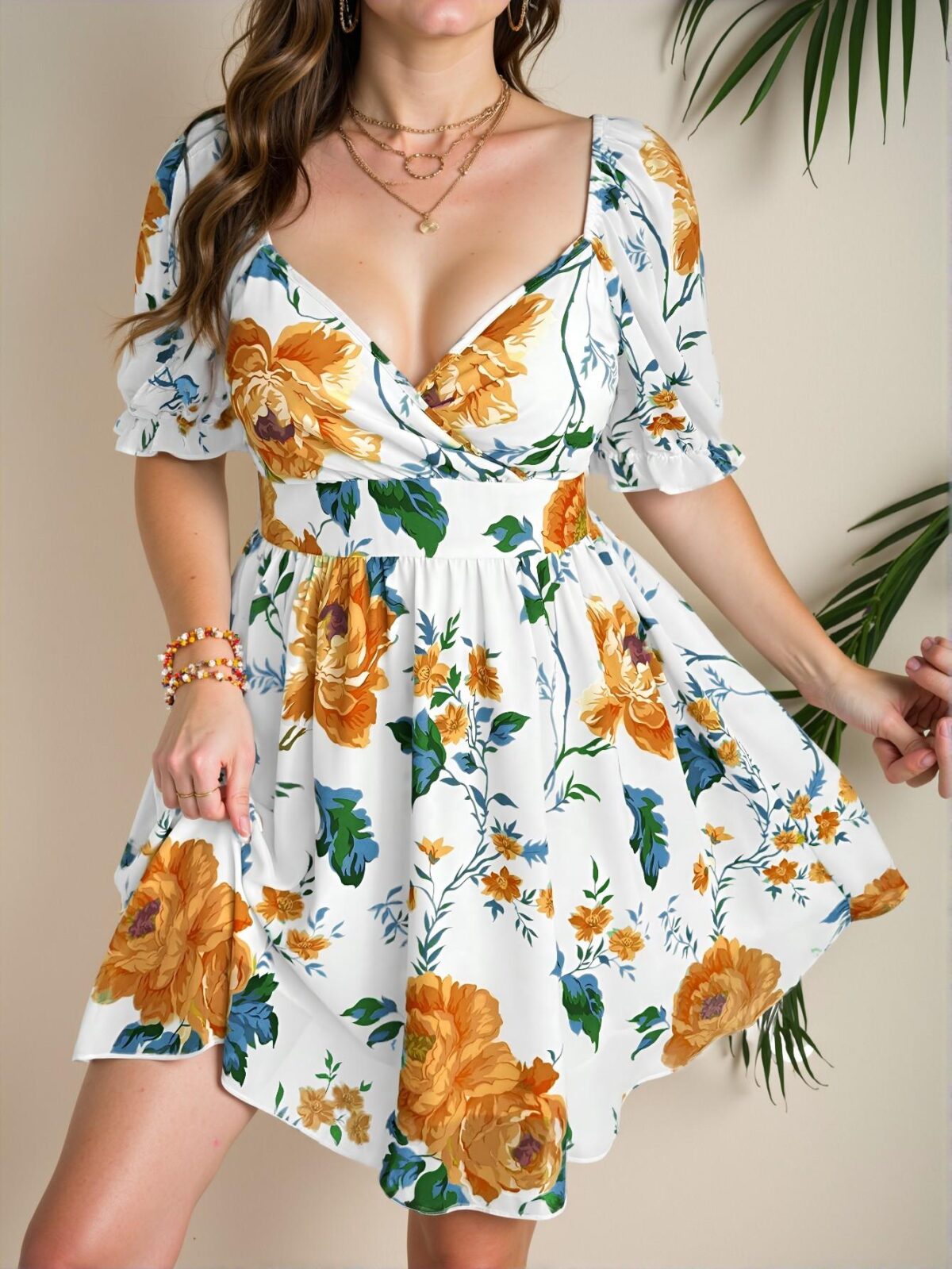 Elegant Apricot Vintage Floral Print Chiffon A-Line Casual Shirt with Square and V-Neck Design for Spring/Summer - Chic, Classy and Trendy Fashion Style to Dress to Impress - Image 5