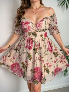 Elegant Pink Flared A-Line Blouse with Puff Sleeves and Floral Print for Women, Bohemian Vintage Style for Spring/Summer - Chic, Classy and Trendy Fashion Style to Dress to Impress