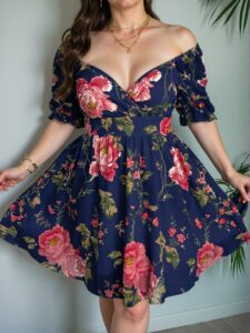 Elegant Navy Blue Floral Print Short Sleeve Chiffon Blouse with Ruffles and Square Neckline for Spring/Summer Celebrations - Chic, Classy and Trendy Fashion Style to Dress to Impress