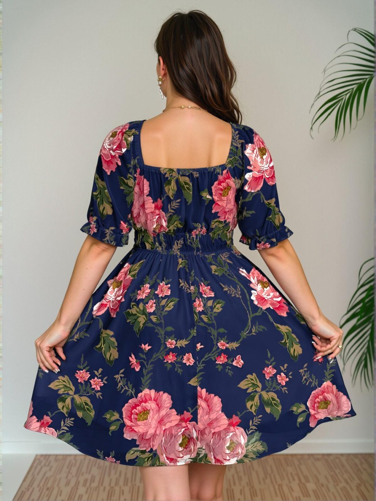 Elegant Navy Blue Floral Print Short Sleeve Chiffon Blouse with Ruffles and Square Neckline for Spring/Summer Celebrations - Chic, Classy and Trendy Fashion Style to Dress to Impress - Image 2