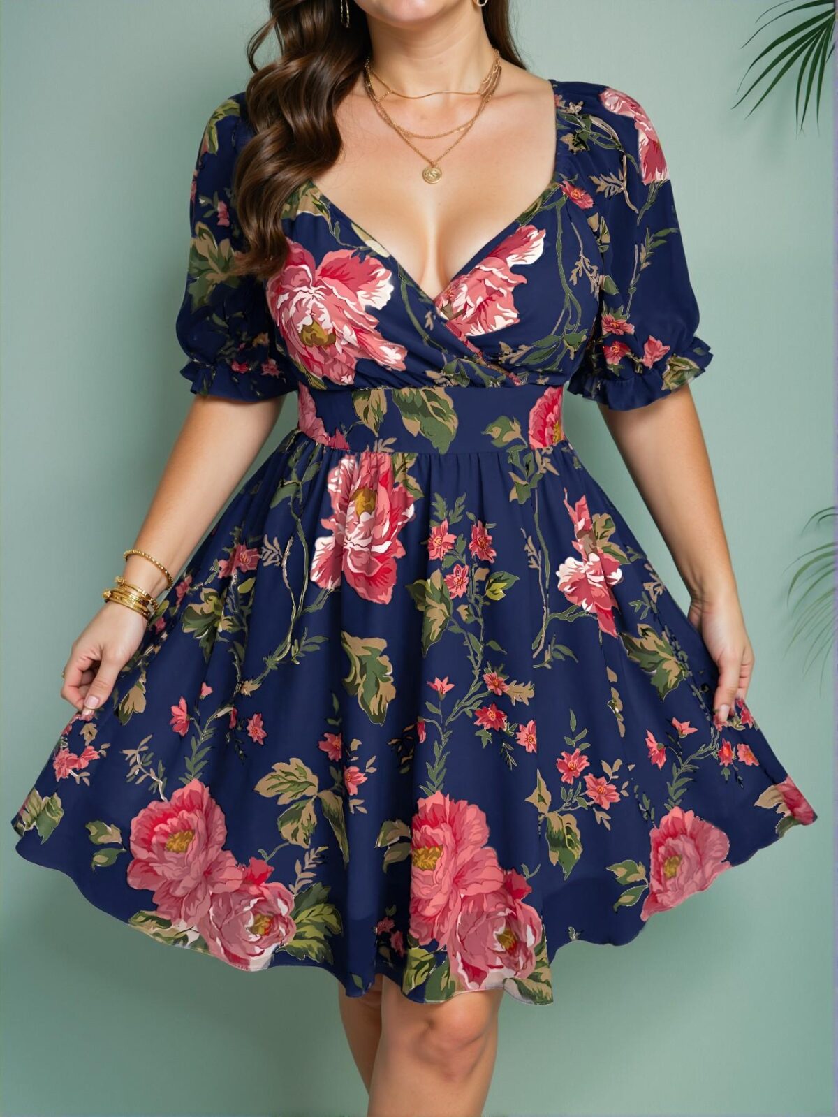 Elegant Navy Blue Floral Print Short Sleeve Chiffon Blouse with Ruffles and Square Neckline for Spring/Summer Celebrations - Chic, Classy and Trendy Fashion Style to Dress to Impress - Image 3