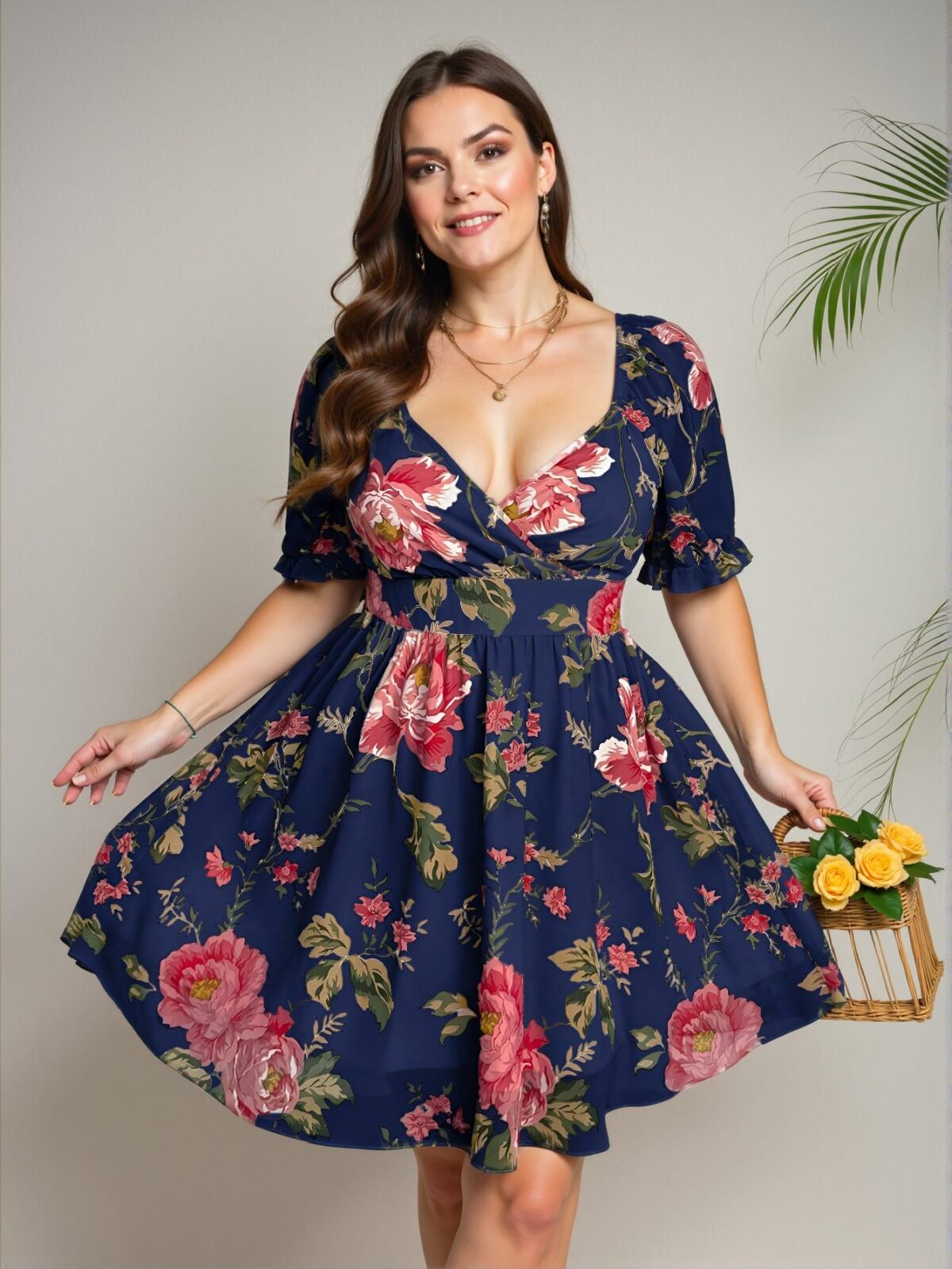Elegant Navy Blue Floral Print Short Sleeve Chiffon Blouse with Ruffles and Square Neckline for Spring/Summer Celebrations - Chic, Classy and Trendy Fashion Style to Dress to Impress - Image 4