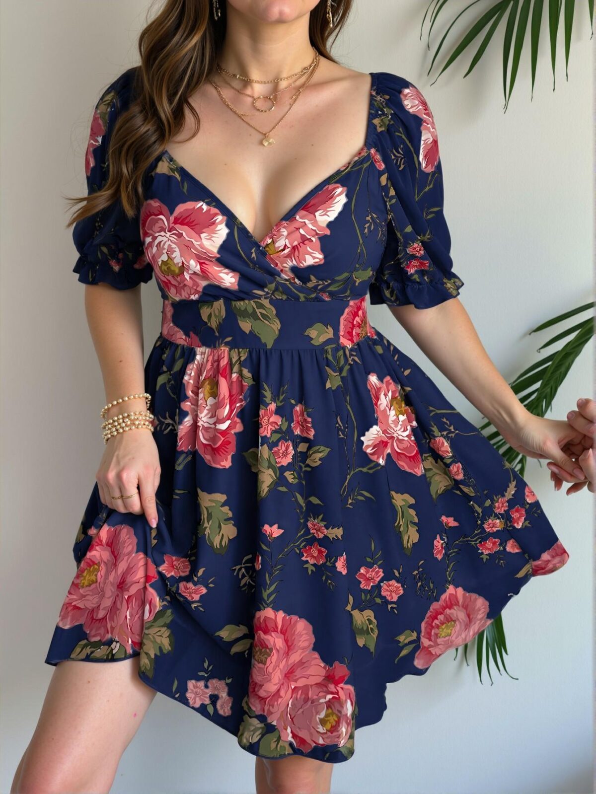 Elegant Navy Blue Floral Print Short Sleeve Chiffon Blouse with Ruffles and Square Neckline for Spring/Summer Celebrations - Chic, Classy and Trendy Fashion Style to Dress to Impress - Image 5