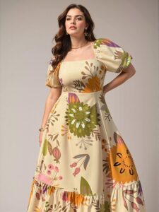 Elegant Multicolor Flared A-Line Dress with Ruffled Sleeves and Plant Print for Spring and Summer - Chic, Classy and Trendy Fashion Style to Dress to Impress