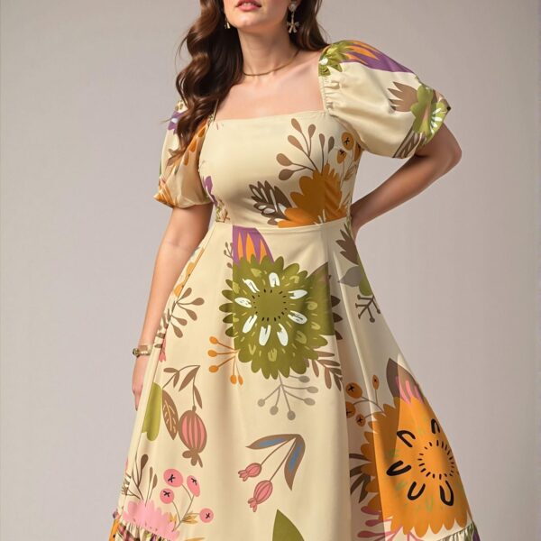 Elegant Multicolor Flared A-Line Dress with Ruffled Sleeves and Plant Print for Spring and Summer - Chic, Classy and Trendy Fashion Style to Dress to Impress