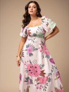Multicolor Chic Botanical Print Puff Sleeve Cinched Waist Ruched Dress for Spring and Summer - Chic, Classy and Trendy Fashion Style to Dress to Impress